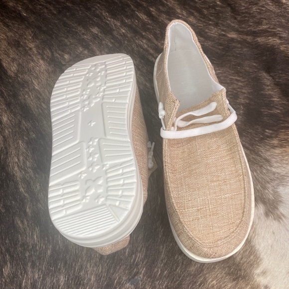 Canvas/Burlap Tan Lace Up Flat Sneakers - Similar to Hey Dude - Picture 4 of 5